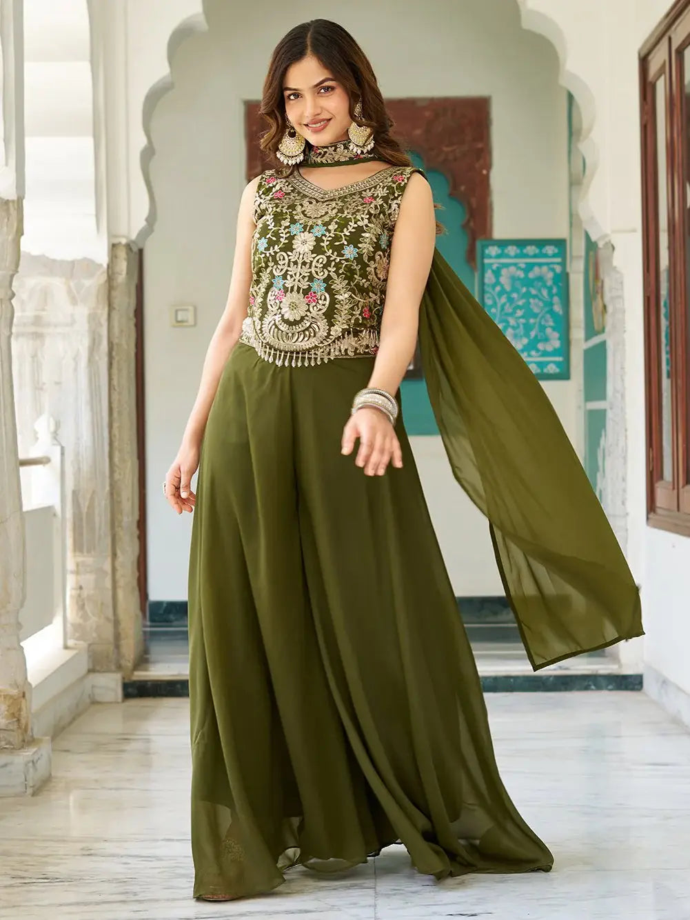 Marvelous Olive Green Thread Work Georgette Mehendi Wear Palazzo Suit - Zeel Clothing