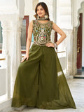 Marvelous Olive Green Thread Work Georgette Mehendi Wear Palazzo Suit - Zeel Clothing