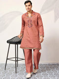 Marvelous Orange Sequins Work Viscose Silk Parties Wear Men’s Kurta