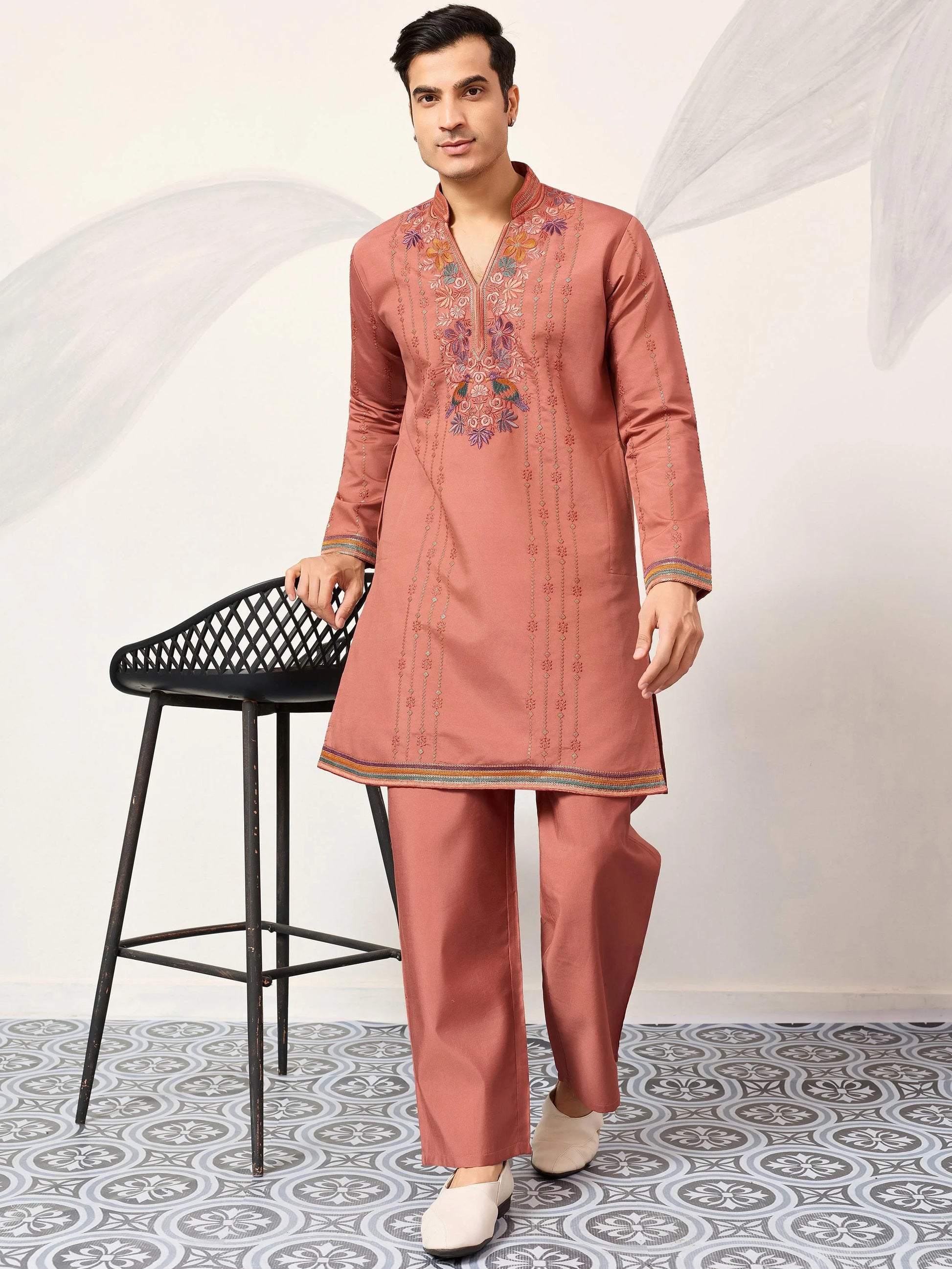 Marvelous Orange Sequins Work Viscose Silk Parties Wear Men’s Kurta