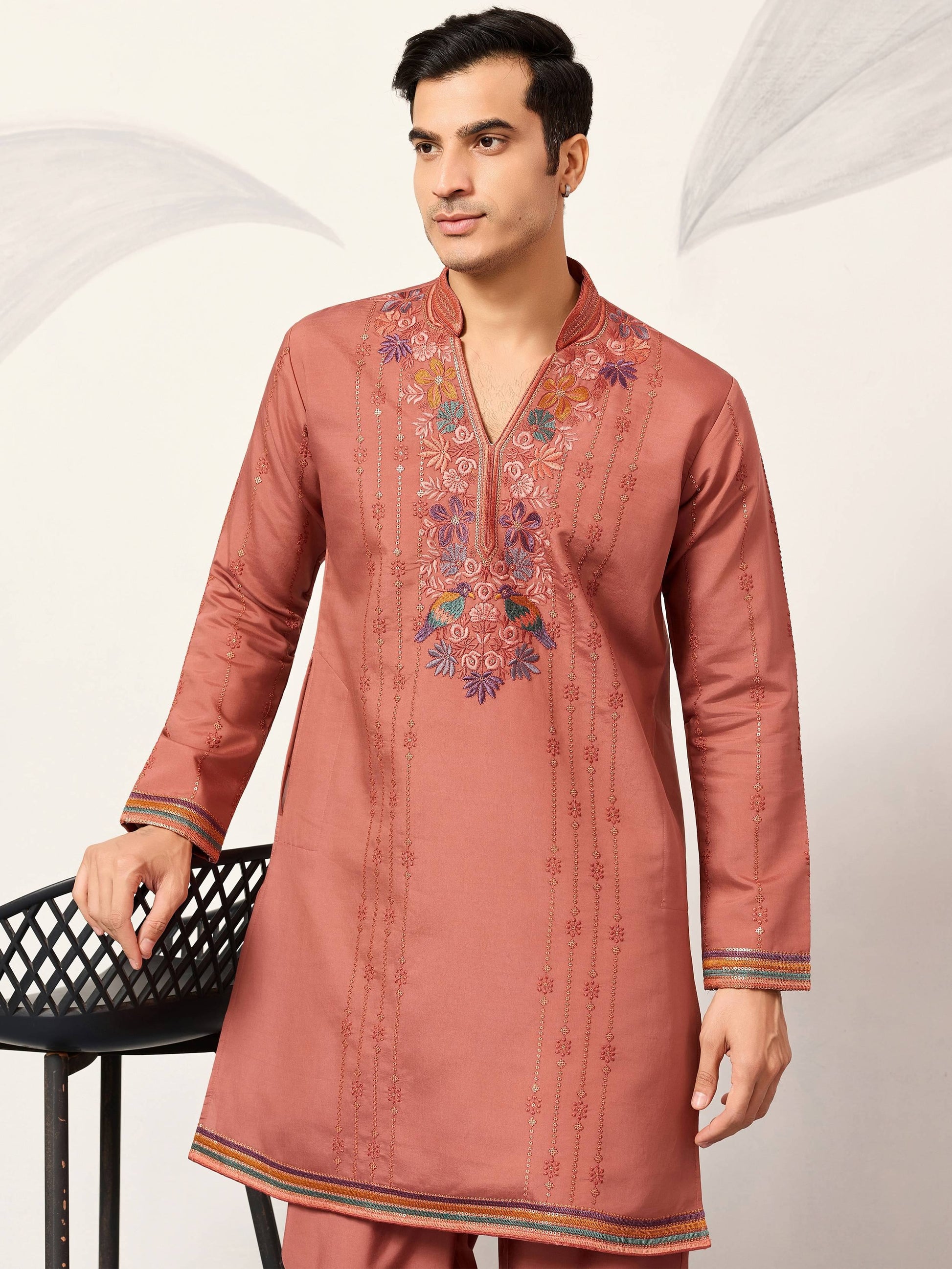 Marvelous Orange Sequins Work Viscose Silk Parties Wear Men’s Kurta