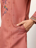 Marvelous Orange Sequins Work Viscose Silk Parties Wear Men’s Kurta