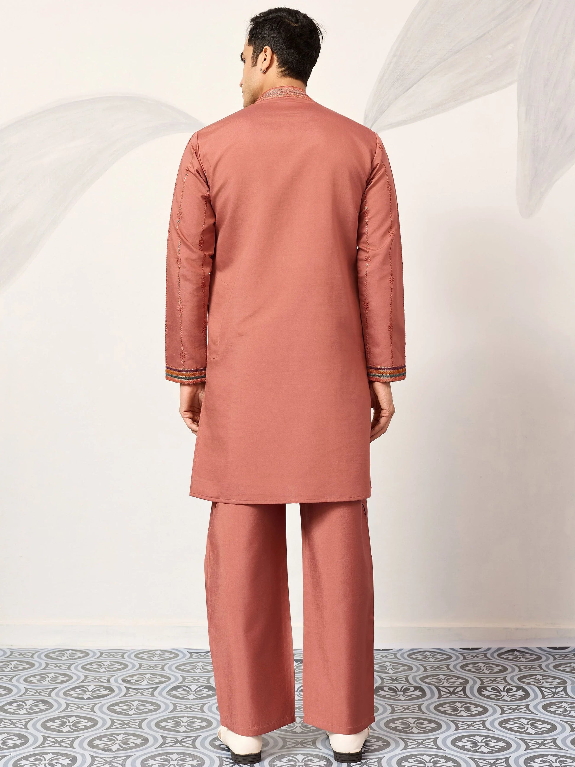 Marvelous Orange Sequins Work Viscose Silk Parties Wear Men’s Kurta