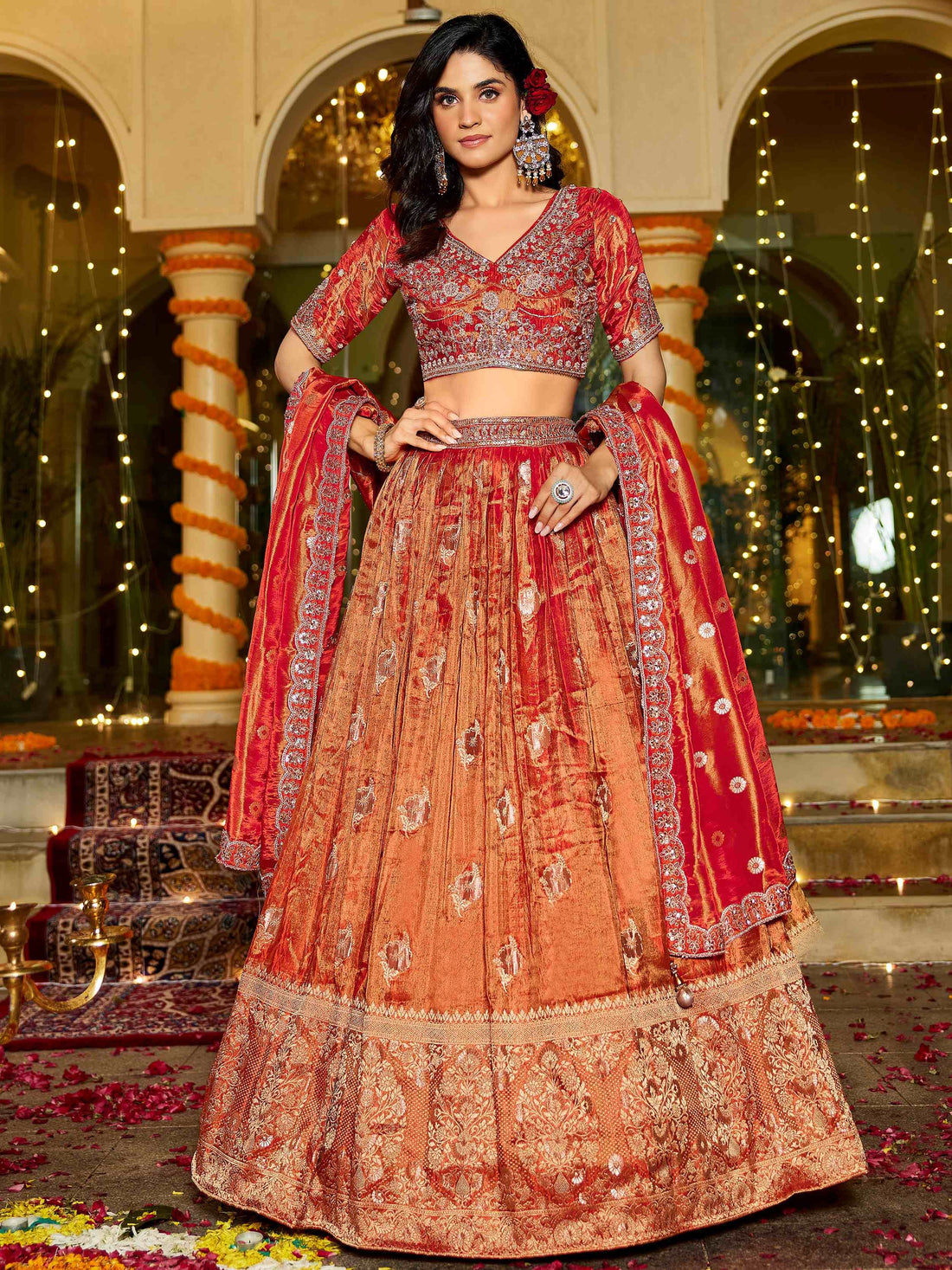 Marvelous Orange Zari Weaving Tissue Bridesmaid Lehenga Choli With Dupatta