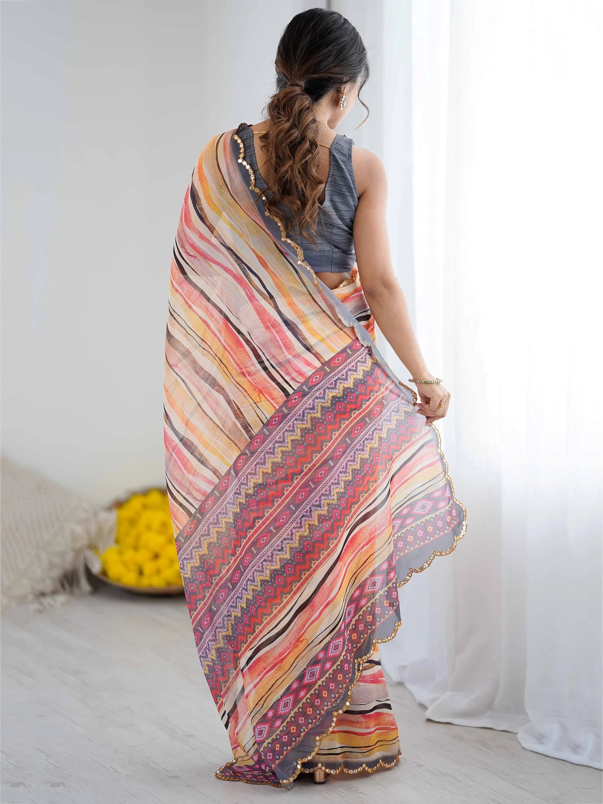 Marvelous Peach Mirror Border Work Georgette Traditional Saree With Blouse