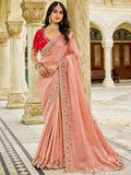 Marvelous Peach Sequins Embroidery Work Tissue Reception Wear Saree