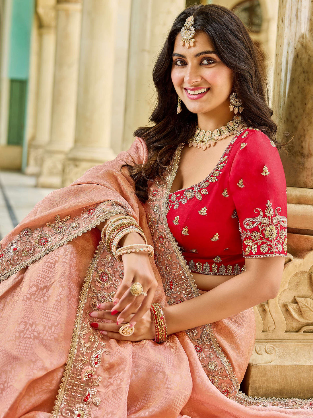 Marvelous Peach Sequins Embroidery Work Tissue Reception Wear Saree