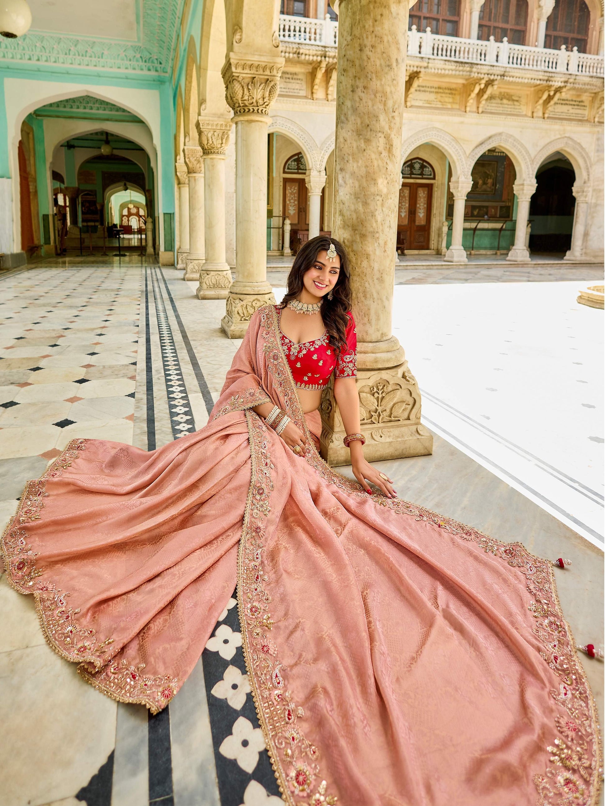 Marvelous Peach Sequins Embroidery Work Tissue Reception Wear Saree