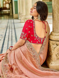 Marvelous Peach Sequins Embroidery Work Tissue Reception Wear Saree
