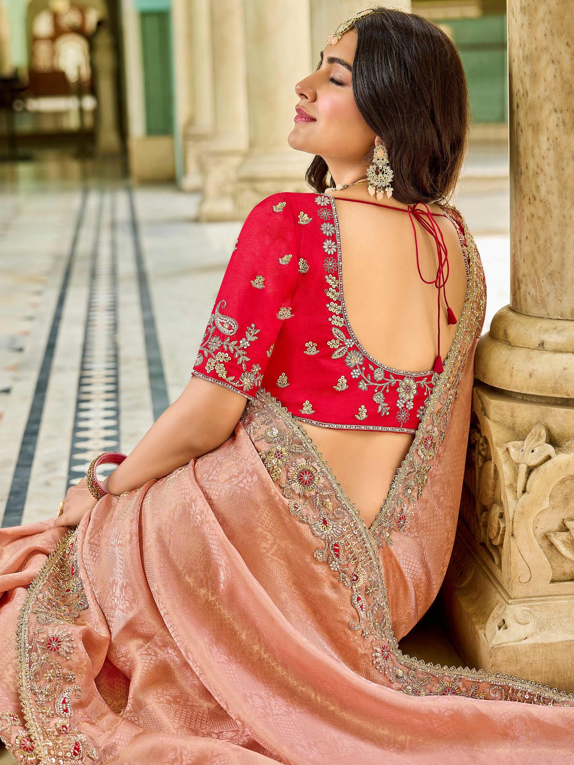 Marvelous Peach Sequins Embroidery Work Tissue Reception Wear Saree