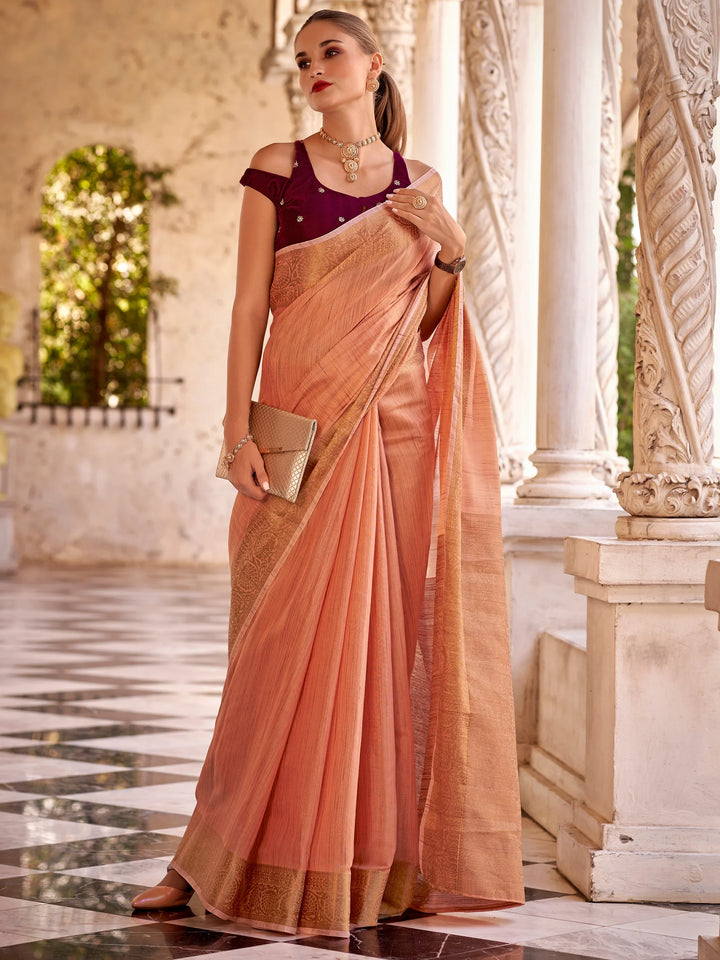 Marvelous Peach Zari Weaving Tissue Silk Casual Wear Saree With Blouse - Zeel Clothing