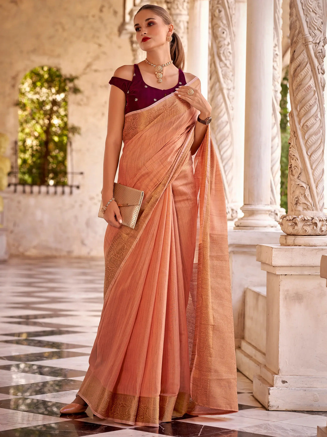 Marvelous Peach Zari Weaving Tissue Silk Casual Wear Saree With Blouse - Zeel Clothing