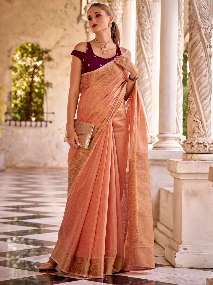 Marvelous Peach Zari Weaving Tissue Silk Casual Wear Saree With Blouse - Zeel Clothing