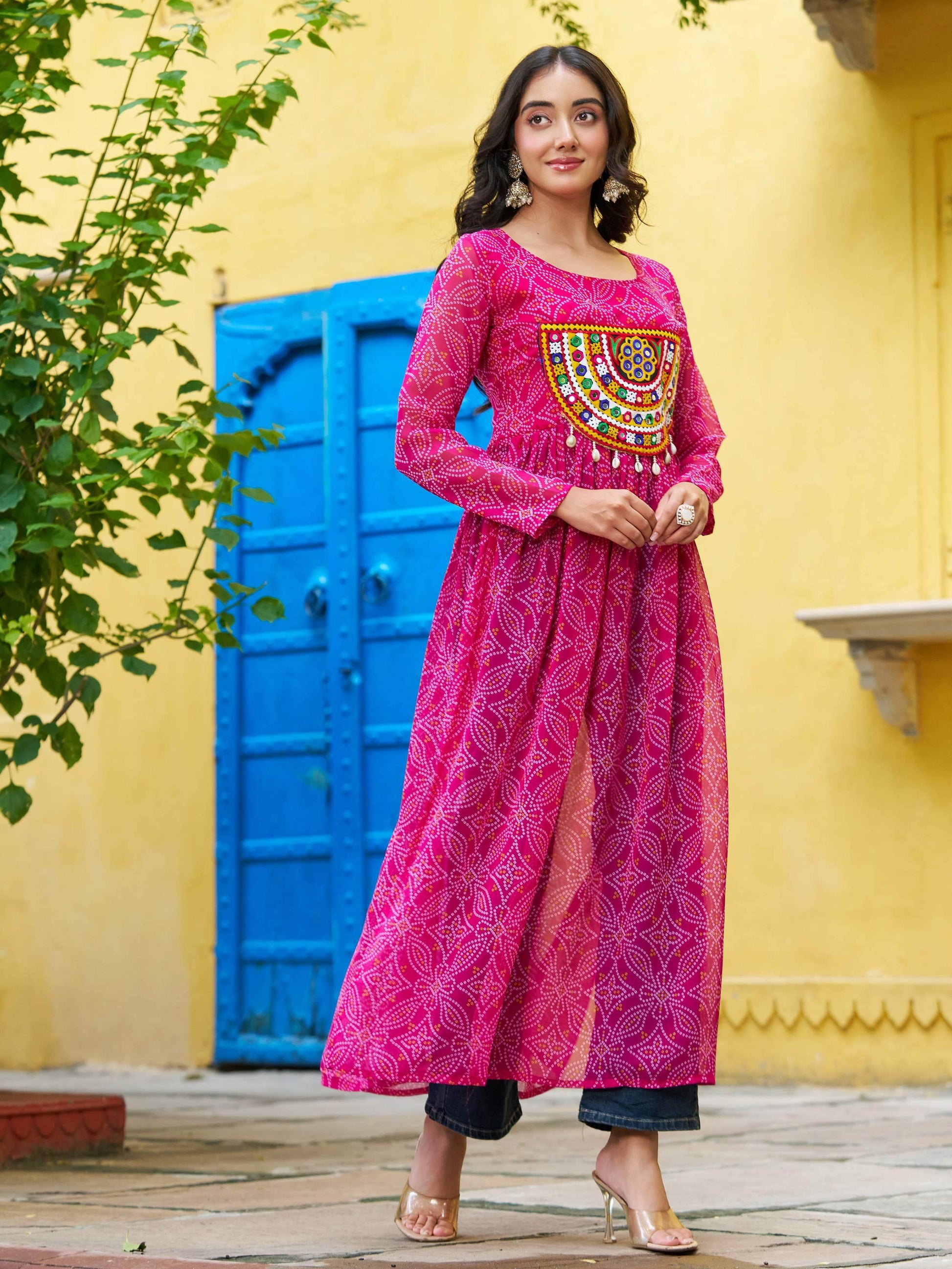 Marvelous Pink Bandhej Print Georgette Festive Wear Long Kurti - Zeel Clothing