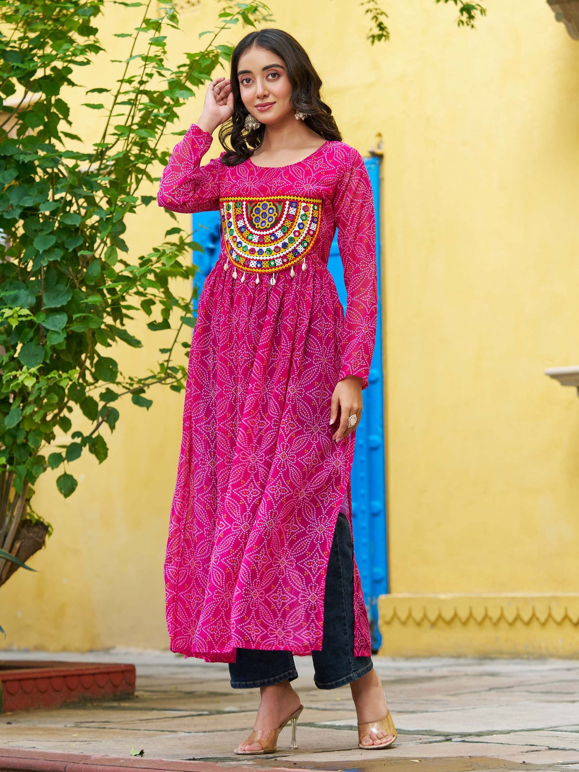 Marvelous Pink Bandhej Print Georgette Festive Wear Long Kurti - Zeel Clothing