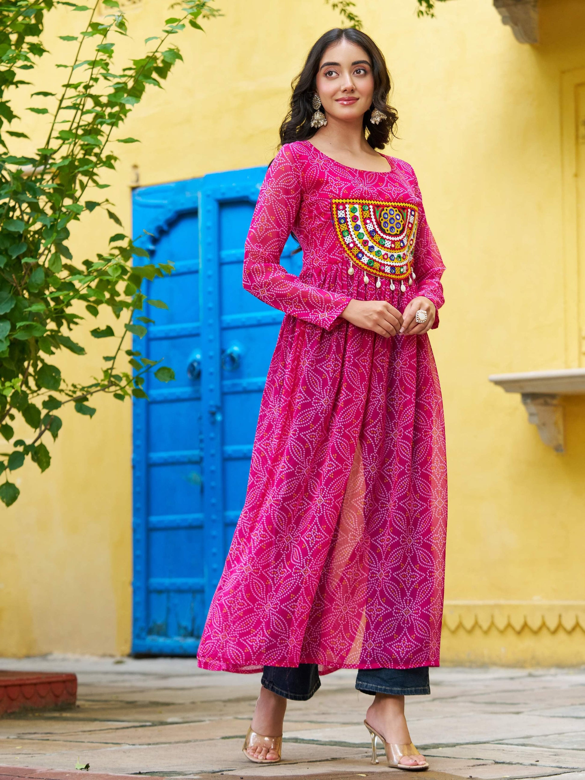 Marvelous Pink Bandhej Print Georgette Festive Wear Long Kurti - Zeel Clothing
