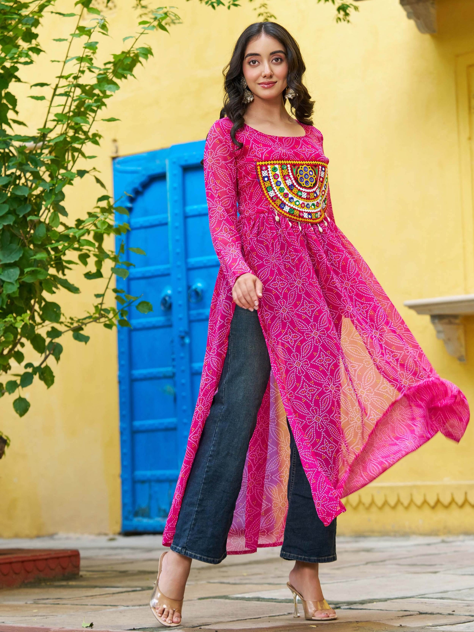 Marvelous Pink Bandhej Print Georgette Festive Wear Long Kurti - Zeel Clothing