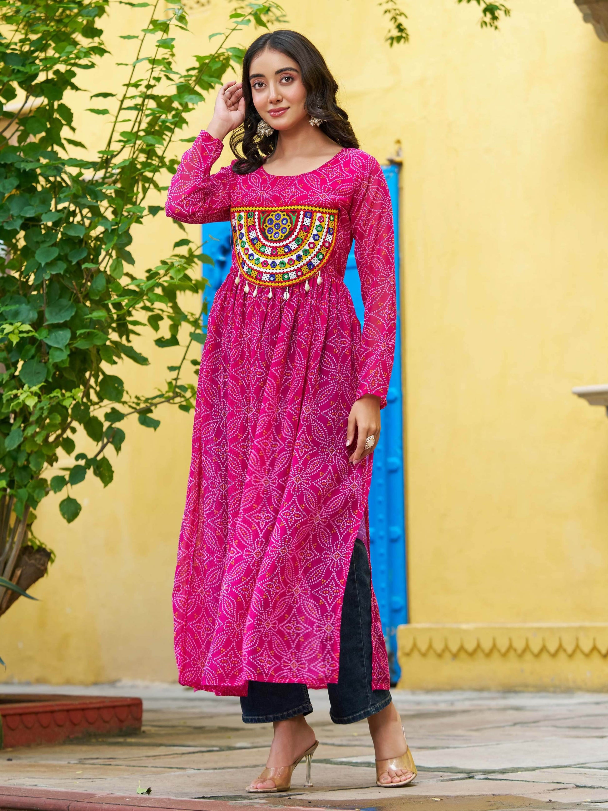 Marvelous Pink Bandhej Print Georgette Festive Wear Long Kurti - Zeel Clothing