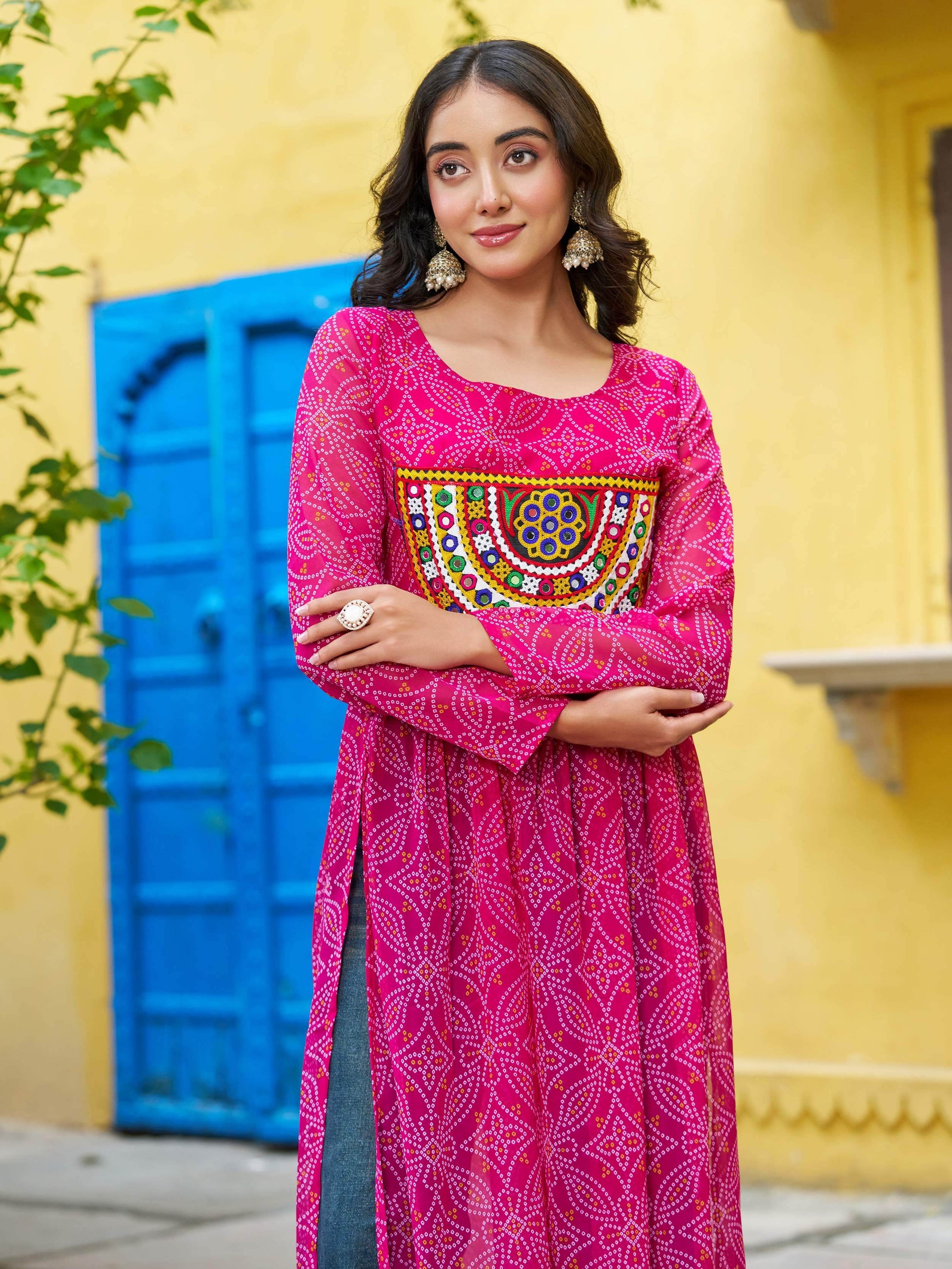 Marvelous Pink Bandhej Print Georgette Festive Wear Long Kurti - Zeel Clothing