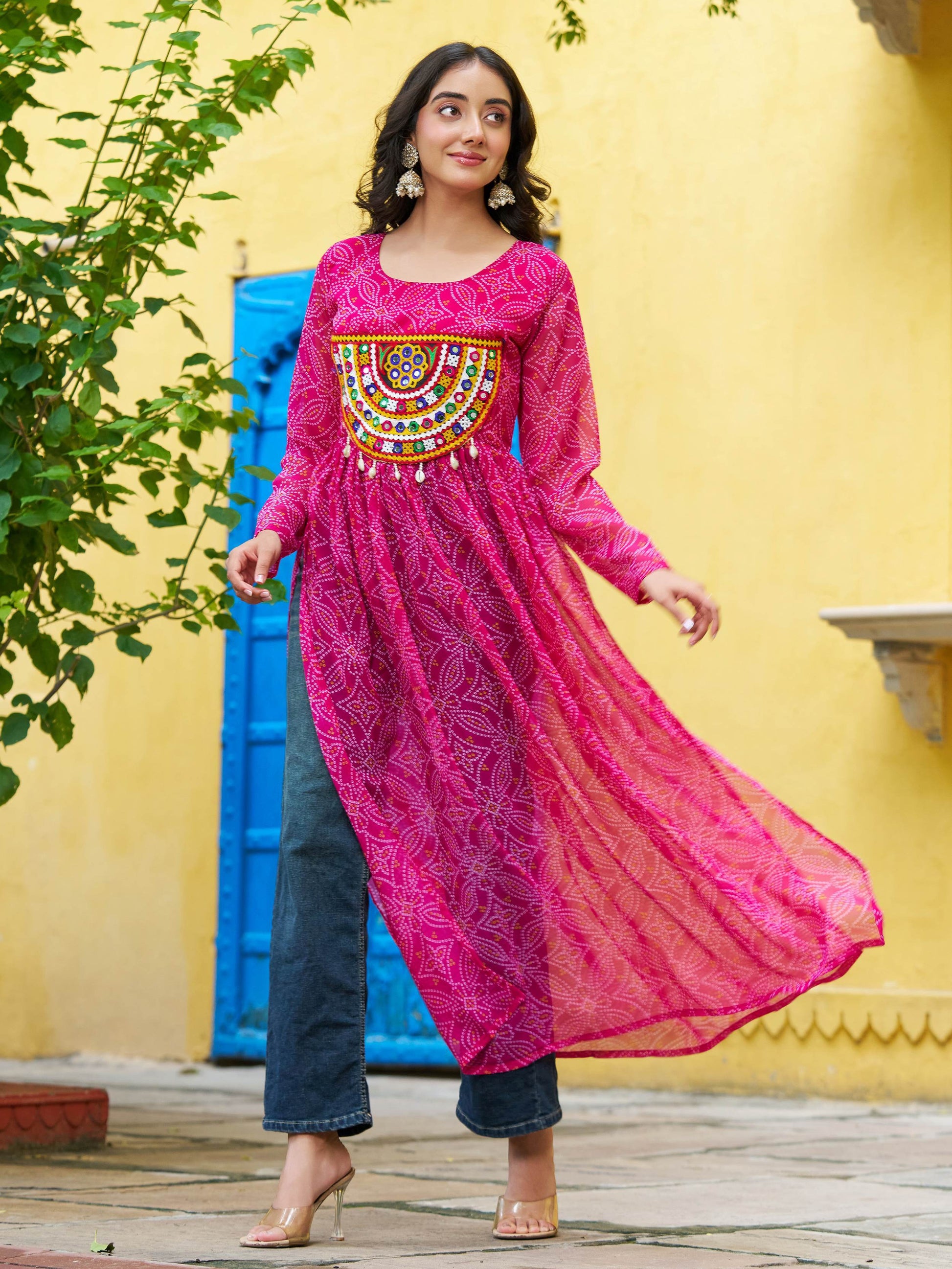 Marvelous Pink Bandhej Print Georgette Festive Wear Long Kurti - Zeel Clothing