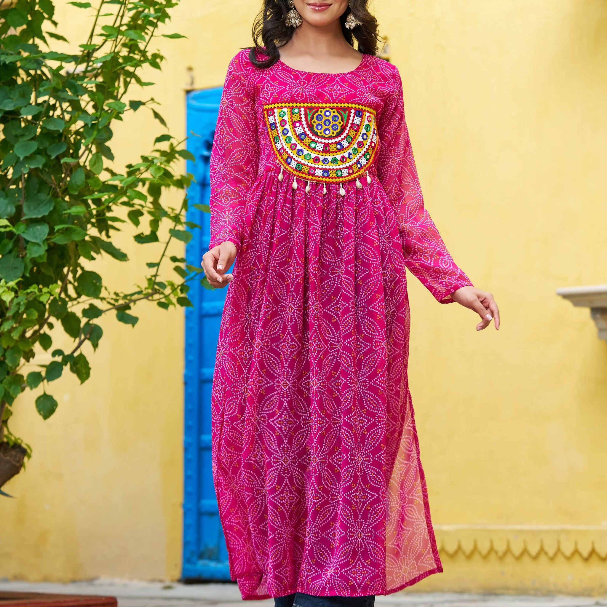 Marvelous Pink Bandhej Print Georgette Festive Wear Long Kurti - Zeel Clothing