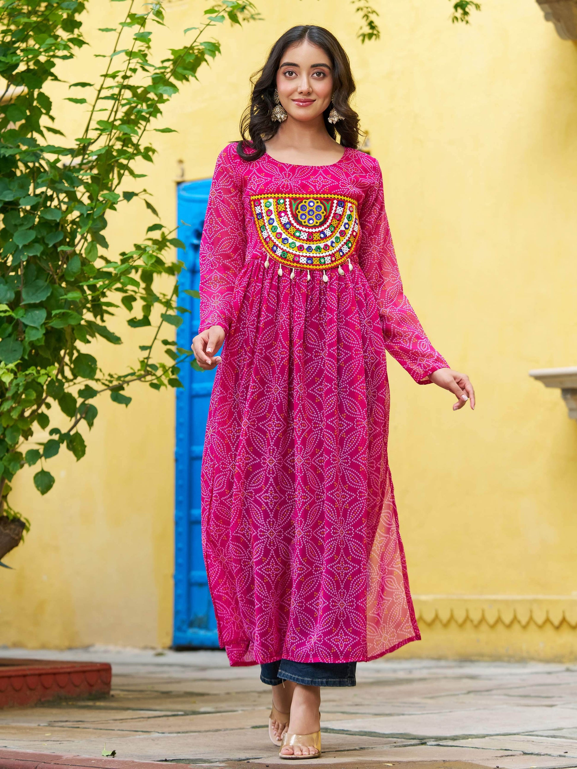 Marvelous Pink Bandhej Print Georgette Festive Wear Long Kurti - Zeel Clothing