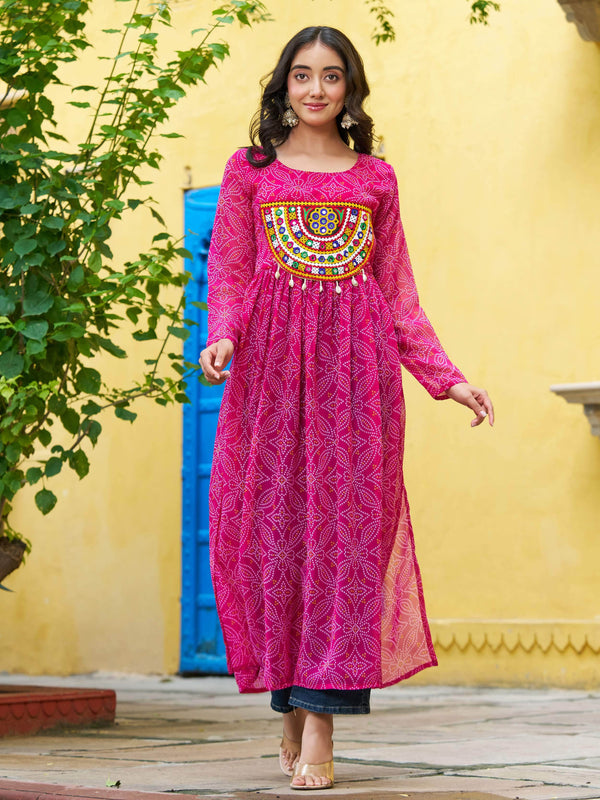 Marvelous Pink Bandhej Print Georgette Festive Wear Long Kurti - Zeel Clothing