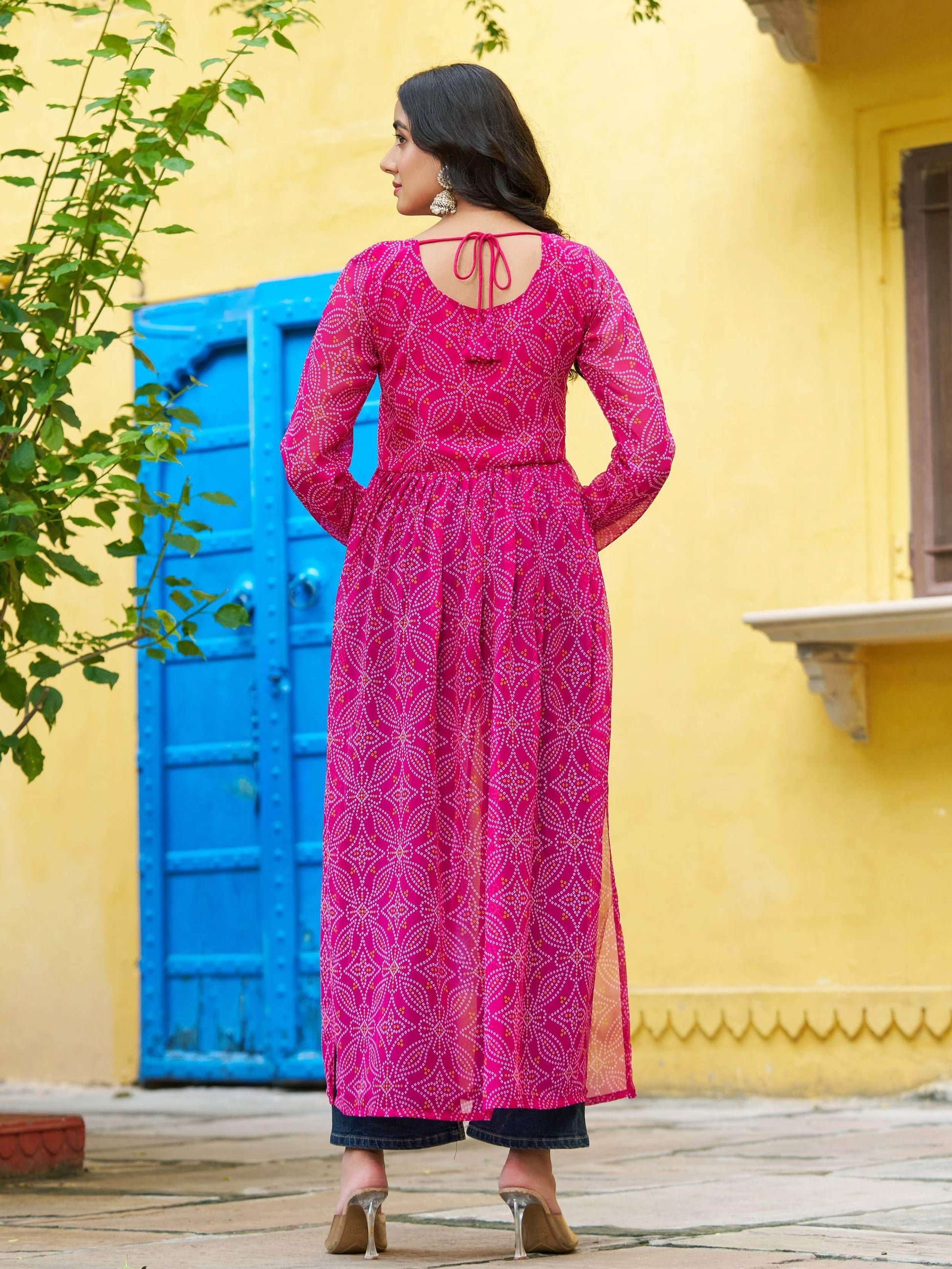Marvelous Pink Bandhej Print Georgette Festive Wear Long Kurti - Zeel Clothing