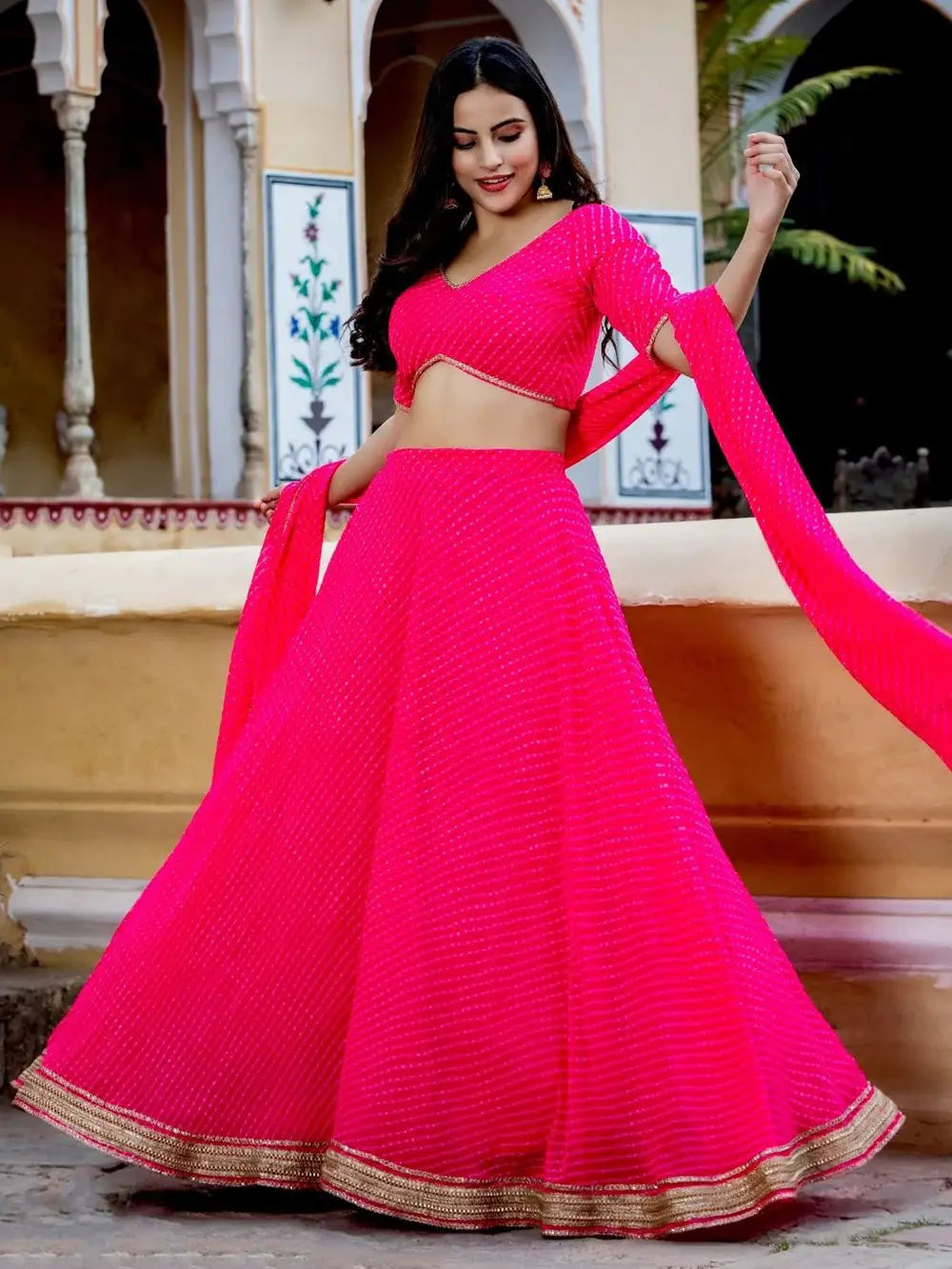 Marvelous Pink Laheriya Print Georgette Designer Lehenga Choli - Zeel Clothing