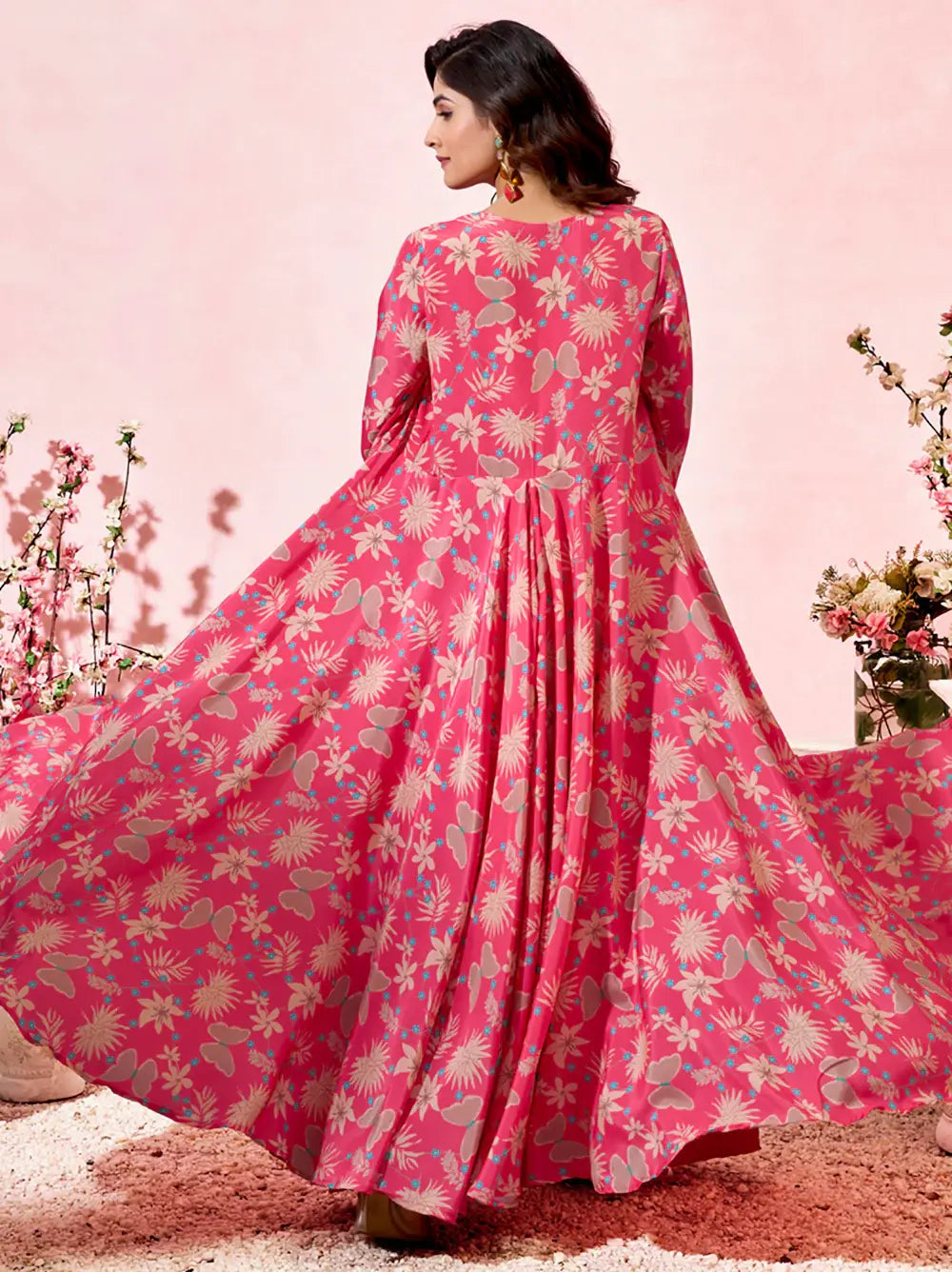 Marvelous Pink Printed Crepe Event Wear Crop Top Palazzo With Shrug - Zeel Clothing