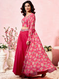 Marvelous Pink Printed Crepe Event Wear Crop Top Palazzo With Shrug - Zeel Clothing