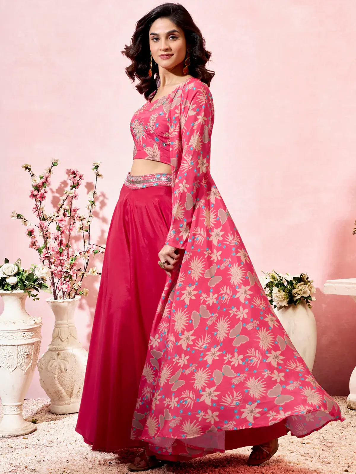 Marvelous Pink Printed Crepe Event Wear Crop Top Palazzo With Shrug - Zeel Clothing