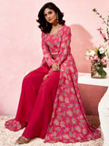 Marvelous Pink Printed Crepe Event Wear Crop Top Palazzo With Shrug - Zeel Clothing