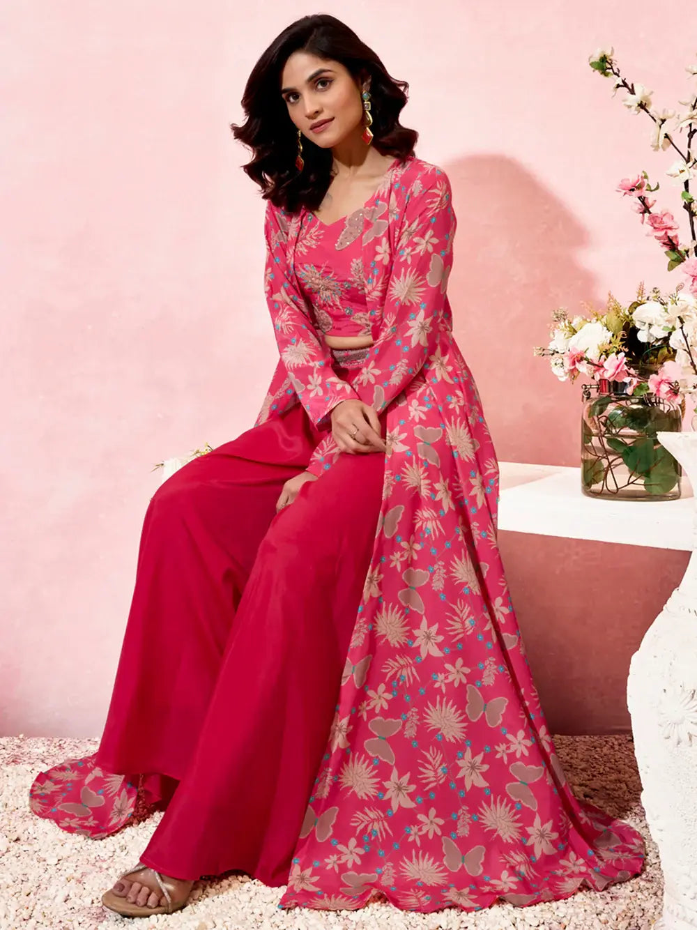 Marvelous Pink Printed Crepe Event Wear Crop Top Palazzo With Shrug - Zeel Clothing