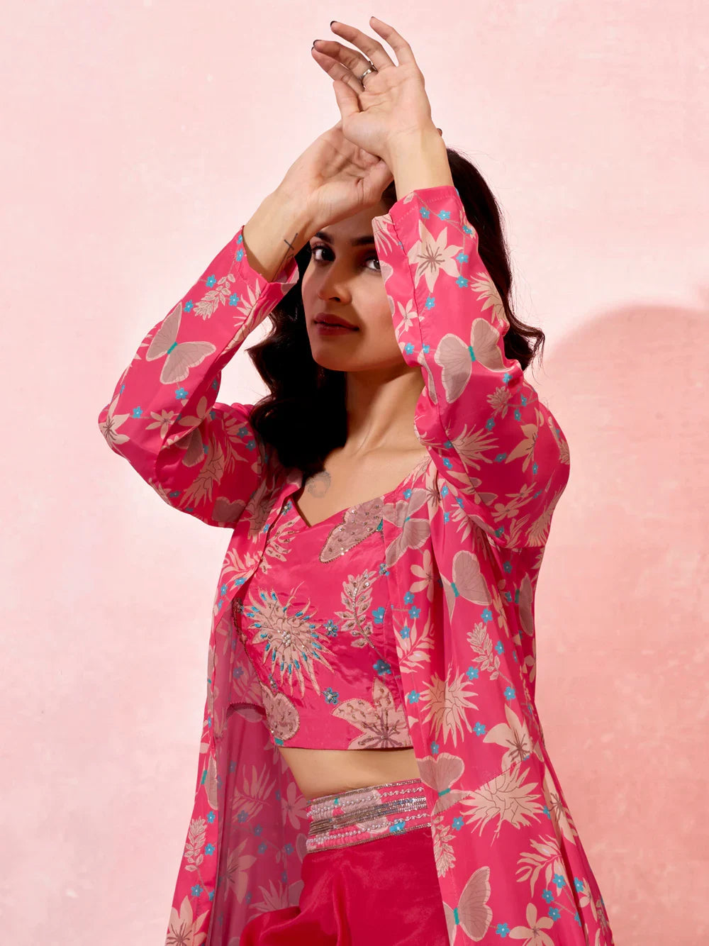 Marvelous Pink Printed Crepe Event Wear Crop Top Palazzo With Shrug - Zeel Clothing