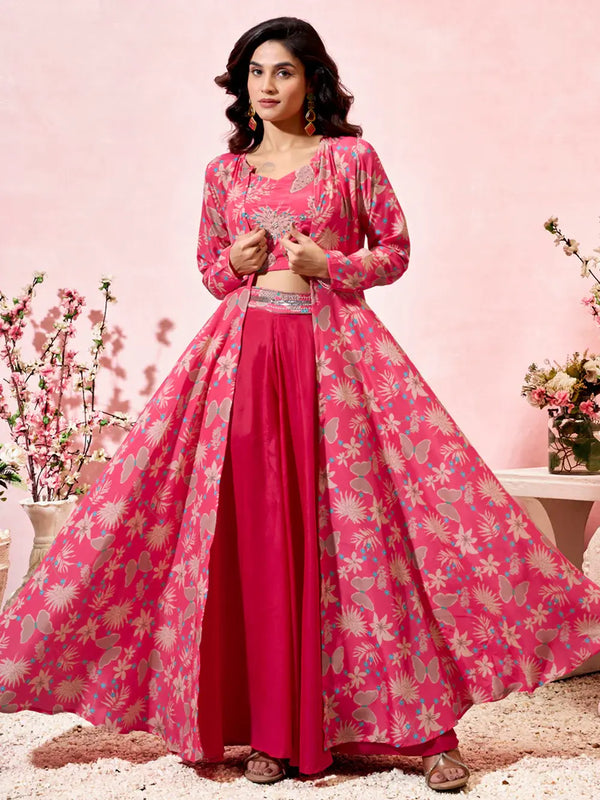 Marvelous Pink Printed Crepe Event Wear Crop Top Palazzo With Shrug - Zeel Clothing