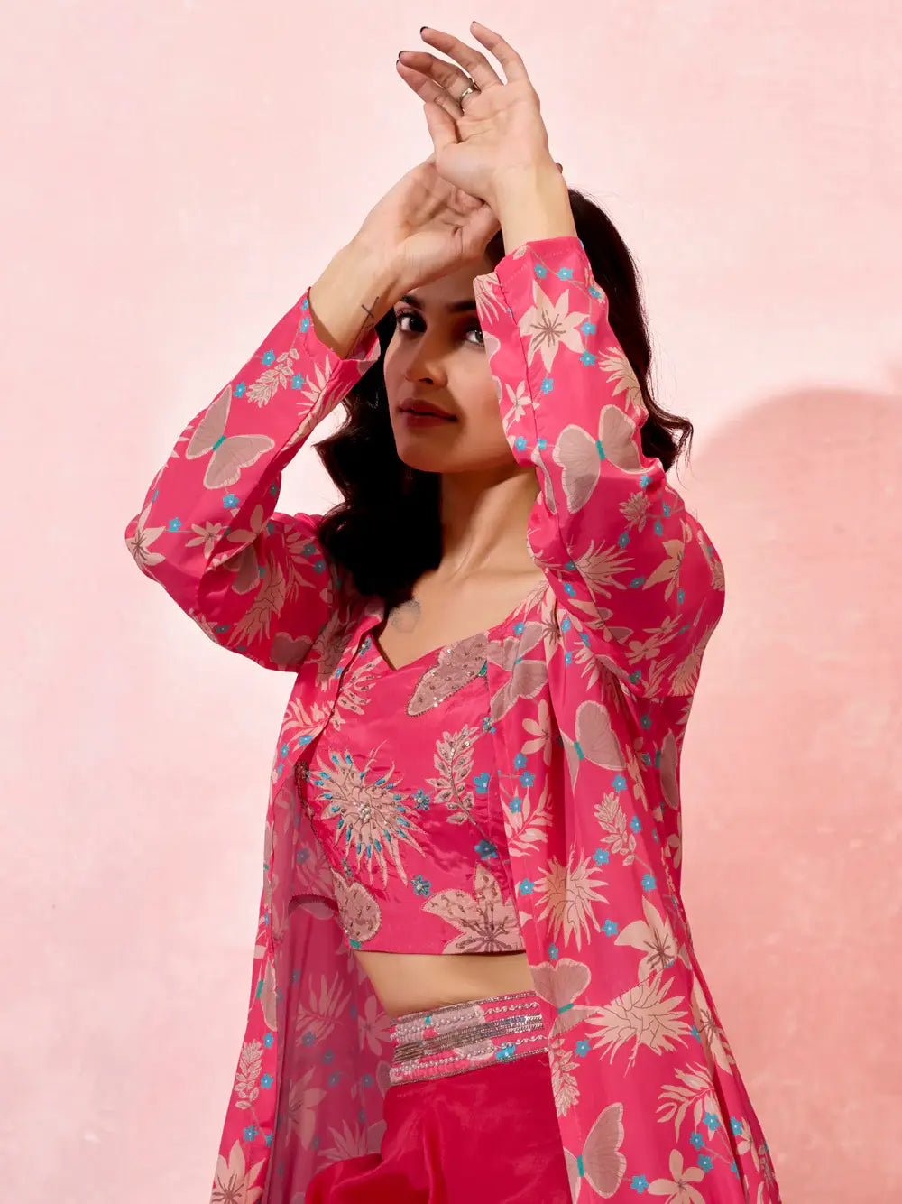 Marvelous Pink Printed Crepe Event Wear Crop Top Palazzo With Shrug - Zeel Clothing