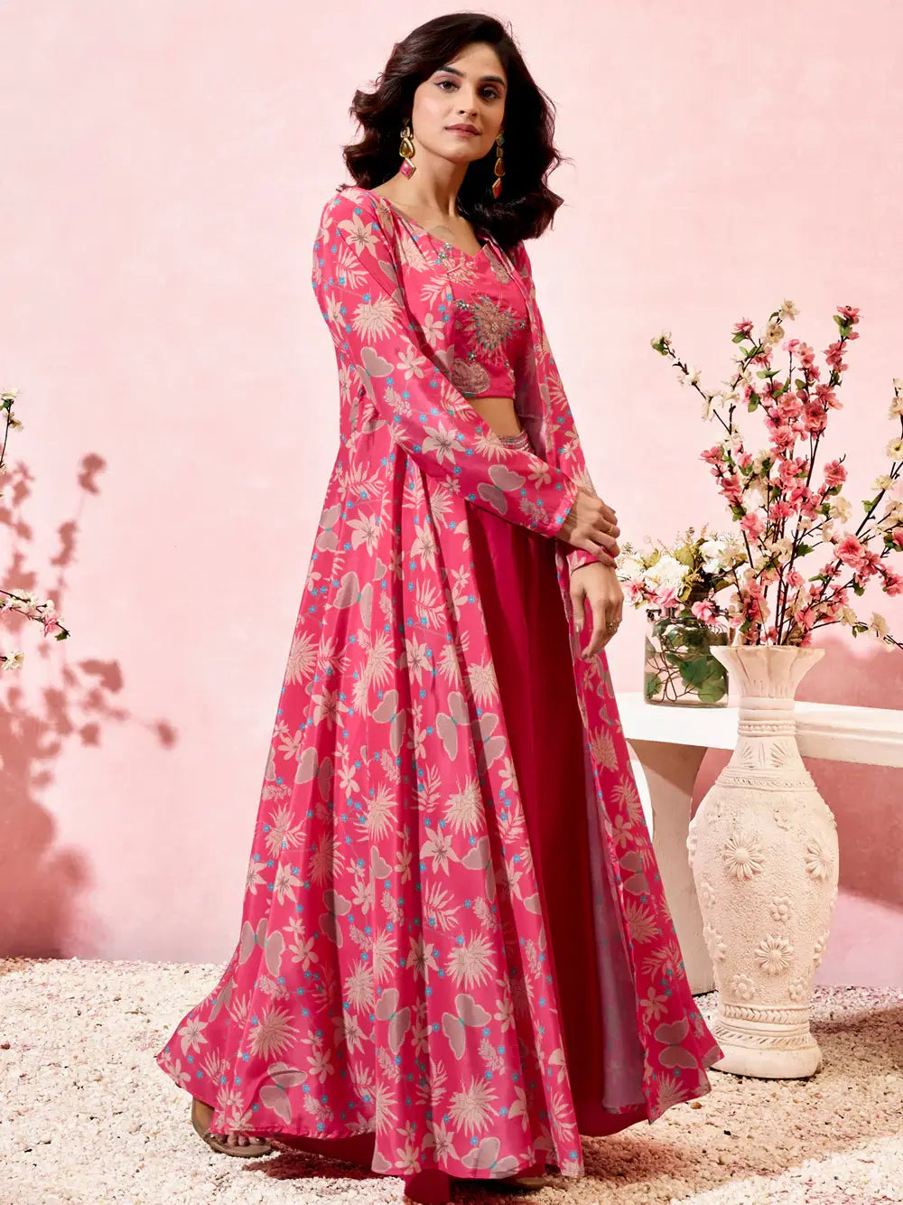 Marvelous Pink Printed Crepe Event Wear Crop Top Palazzo With Shrug - Zeel Clothing