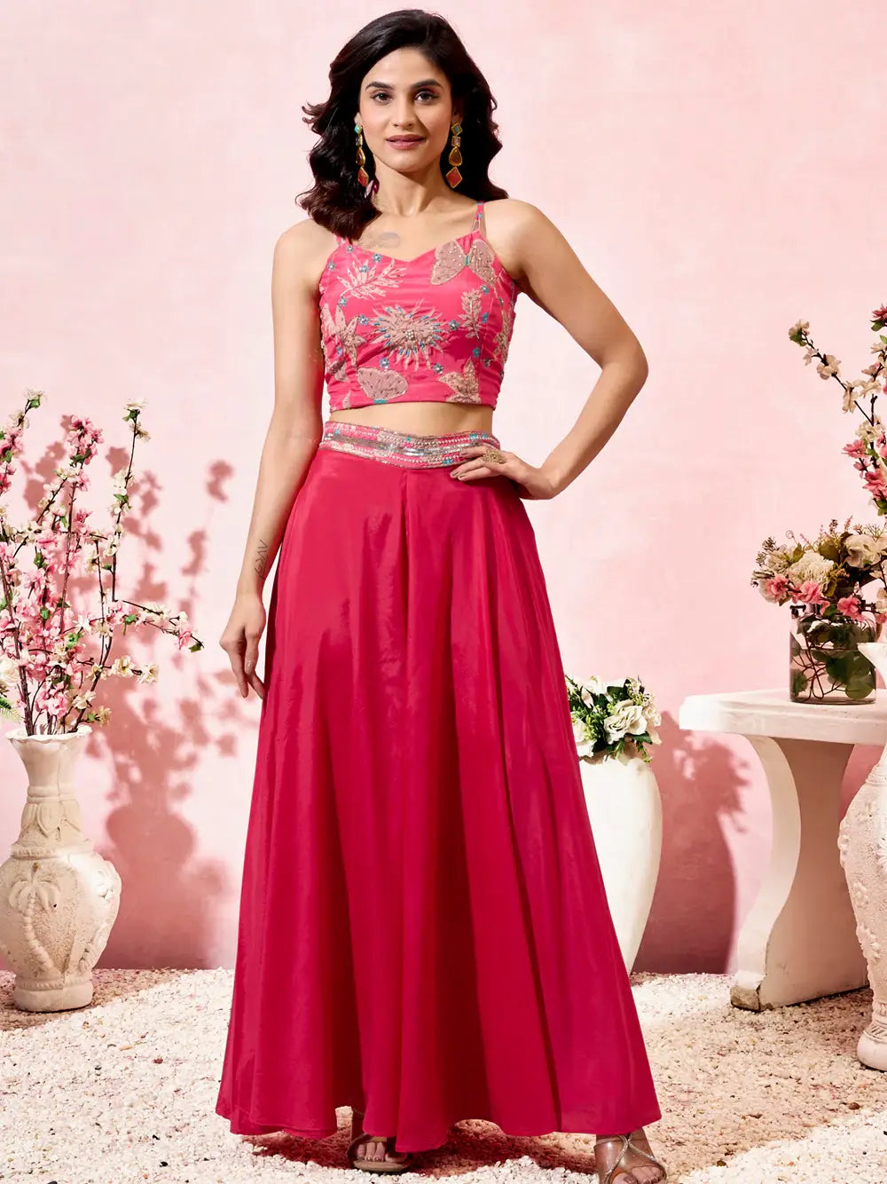 Marvelous Pink Printed Crepe Event Wear Crop Top Palazzo With Shrug - Zeel Clothing