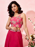 Marvelous Pink Printed Crepe Event Wear Crop Top Palazzo With Shrug - Zeel Clothing