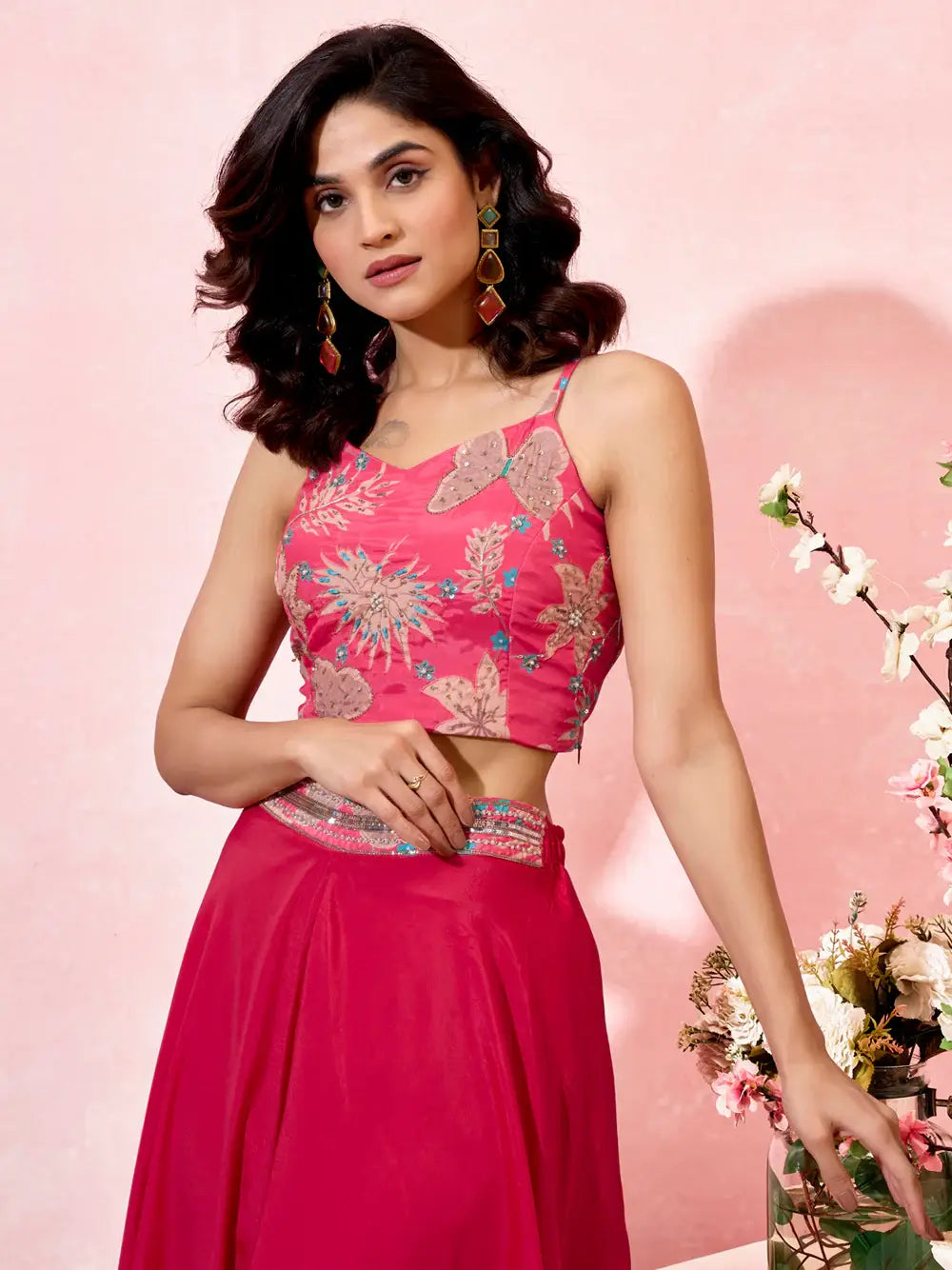 Marvelous Pink Printed Crepe Event Wear Crop Top Palazzo With Shrug - Zeel Clothing