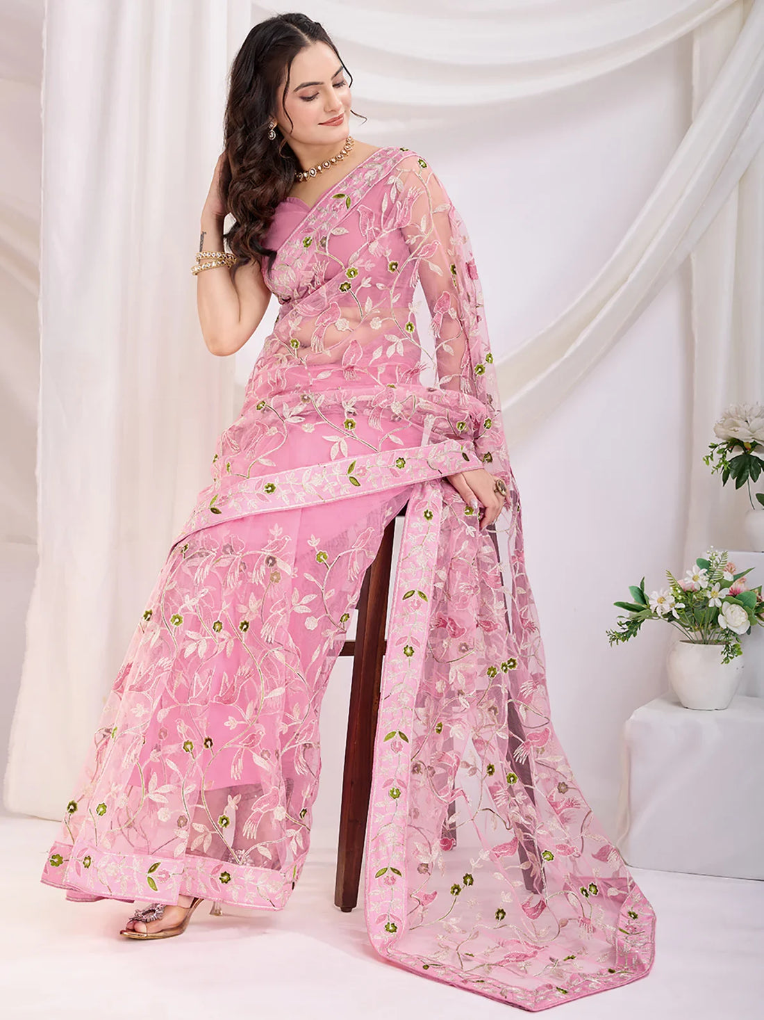 Marvelous Pink Thread Embroidery Net Event Wear Saree - Zeel Clothing