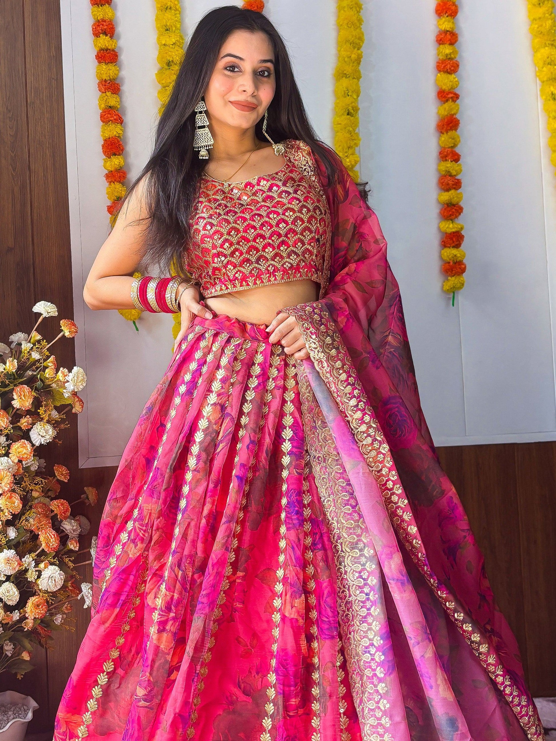 Marvelous Pink Zari Embroidery Organza Bridesmaid Lehenga Choli - Zeel Clothing