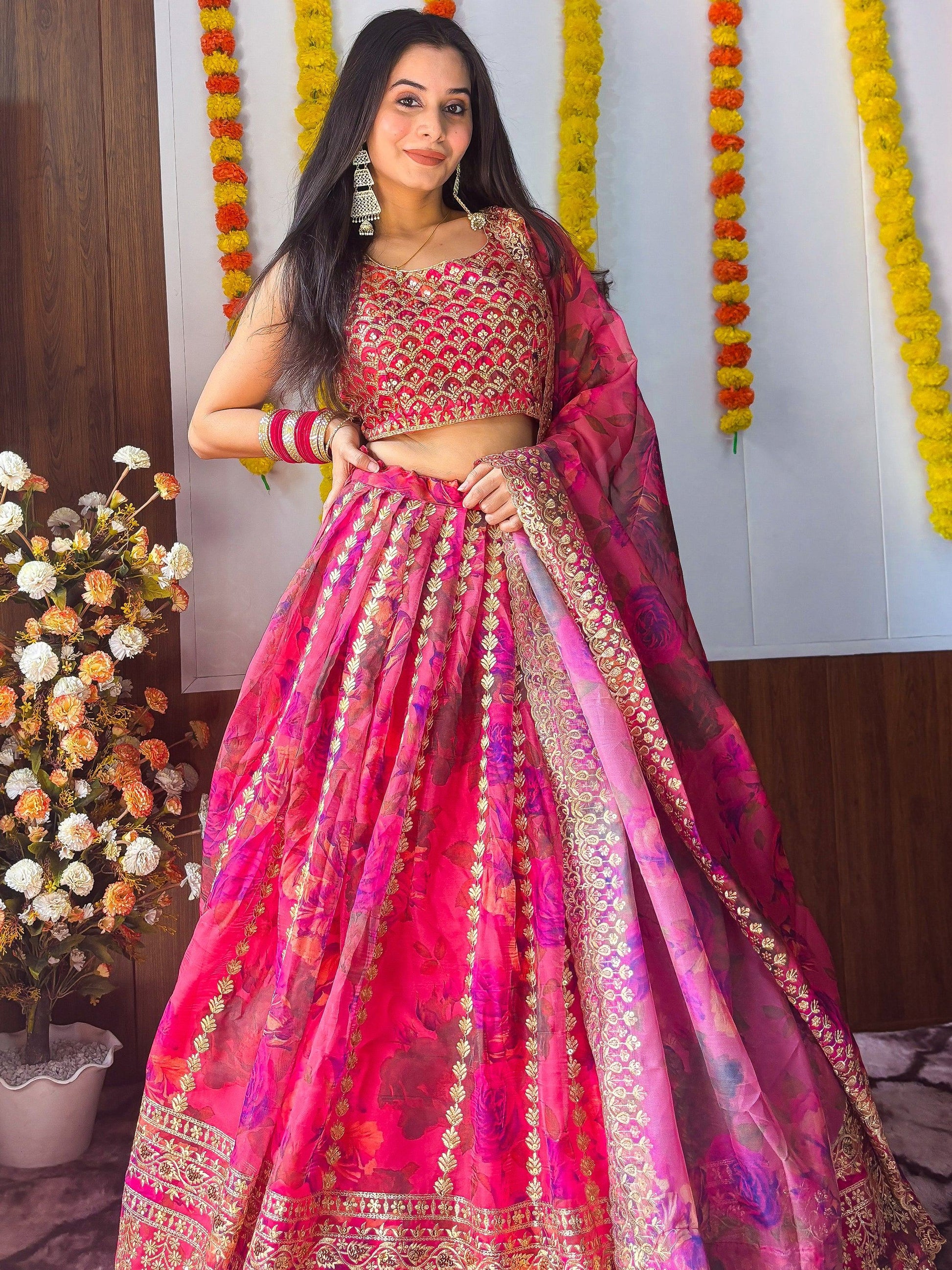 Marvelous Pink Zari Embroidery Organza Bridesmaid Lehenga Choli - Zeel Clothing