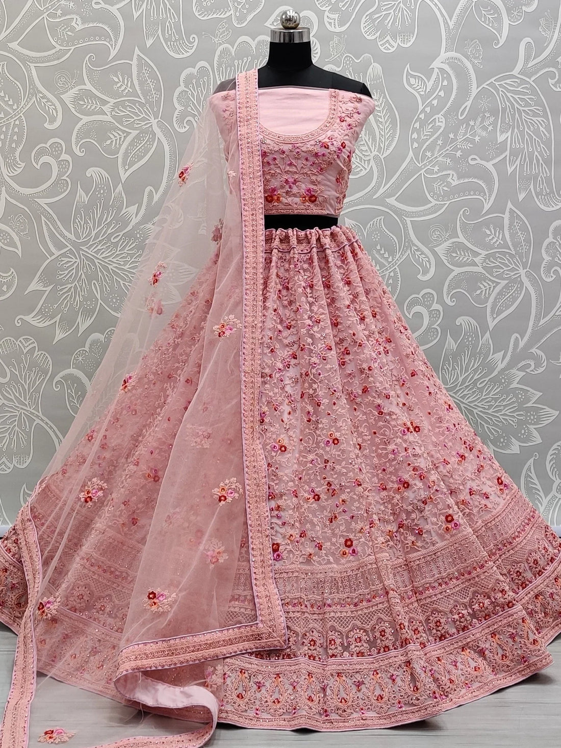 Marvelous Pink Zircon Work Net Bridesmaid Lehenga Choli With Dupatta - Zeel Clothing