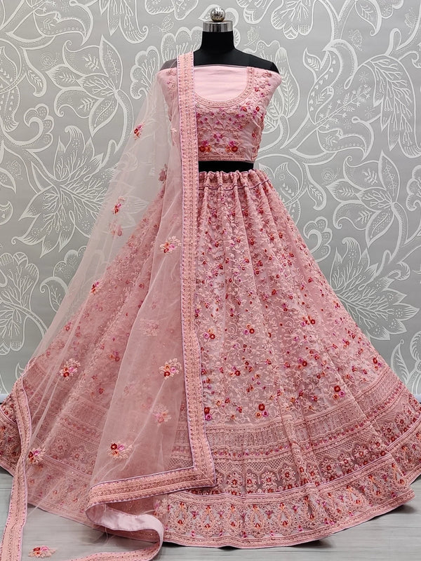 Marvelous Pink Zircon Work Net Bridesmaid Lehenga Choli With Dupatta - Zeel Clothing