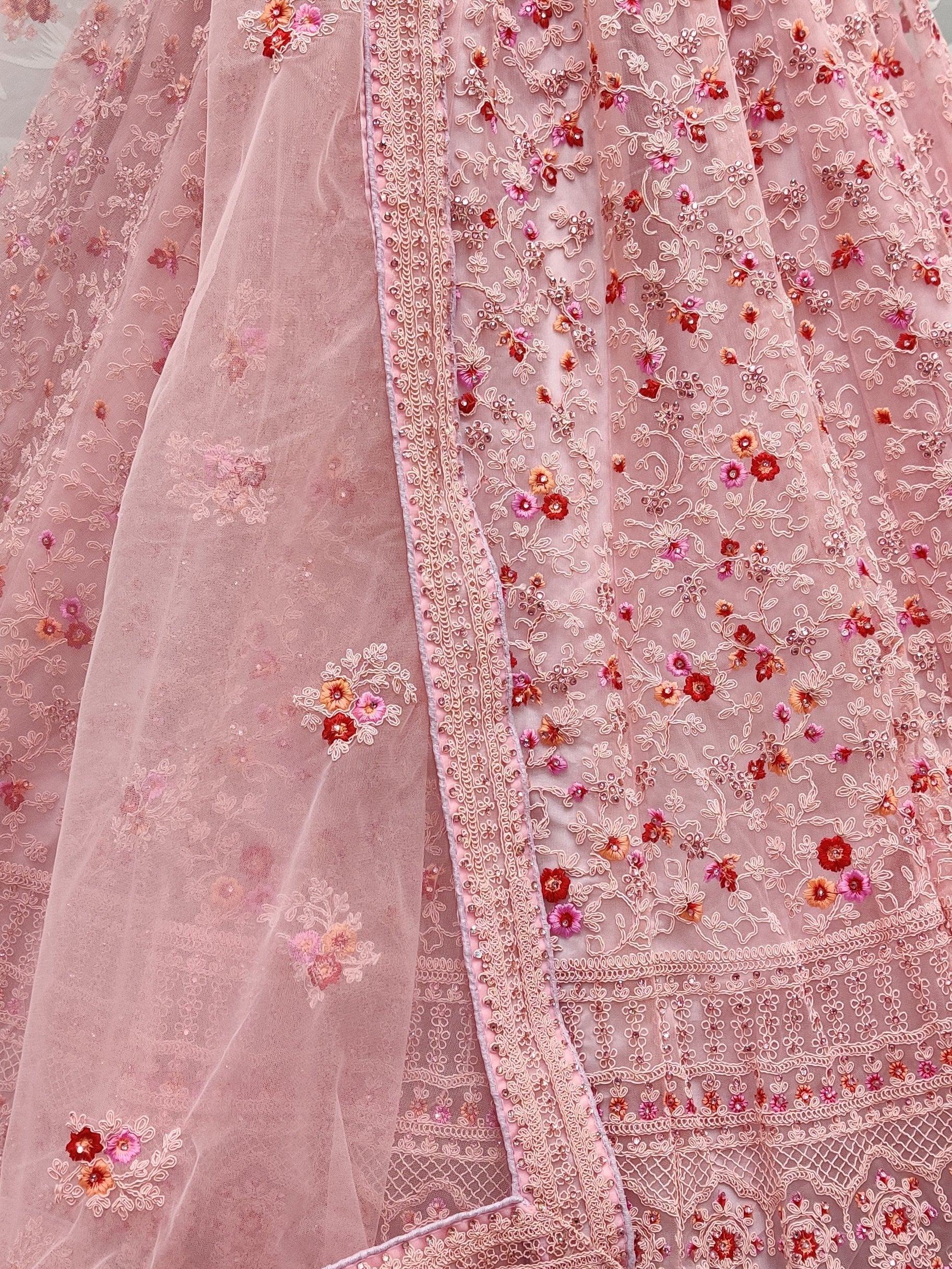 Marvelous Pink Zircon Work Net Bridesmaid Lehenga Choli With Dupatta - Zeel Clothing