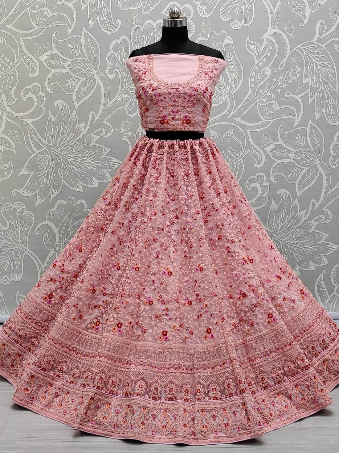 Marvelous Pink Zircon Work Net Bridesmaid Lehenga Choli With Dupatta - Zeel Clothing