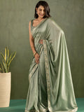 Marvelous Pista Green Border Work Chiffon Ready To Wear Saree With Blouse - Zeel Clothing