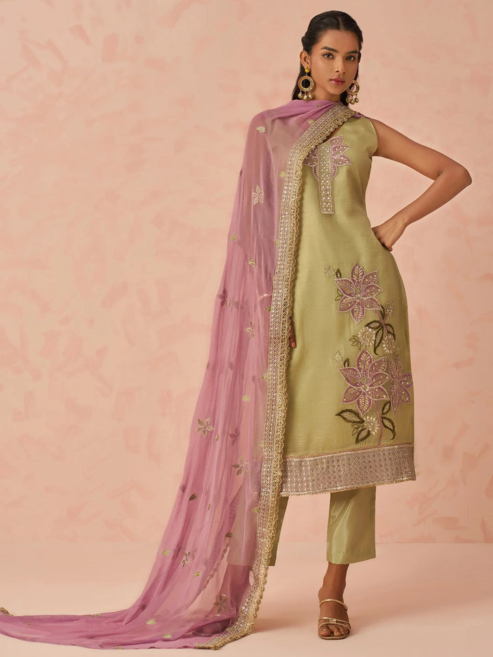 Marvelous Pista Green Floral Embroidered Silk Festival Wear Pant Suit - Zeel Clothing